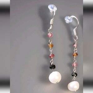 FreshwaterPearl & Multi-colored Genuine Sapphire Sterling Silver Dangle Earrings
